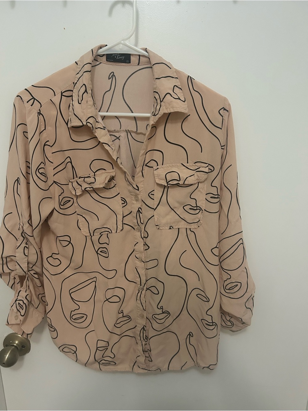 Light Beige Abstract Face-Print Button-Up Blouse